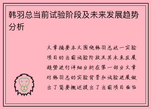 韩羽总当前试验阶段及未来发展趋势分析