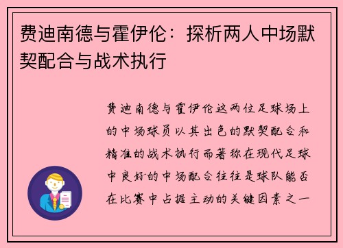 费迪南德与霍伊伦：探析两人中场默契配合与战术执行